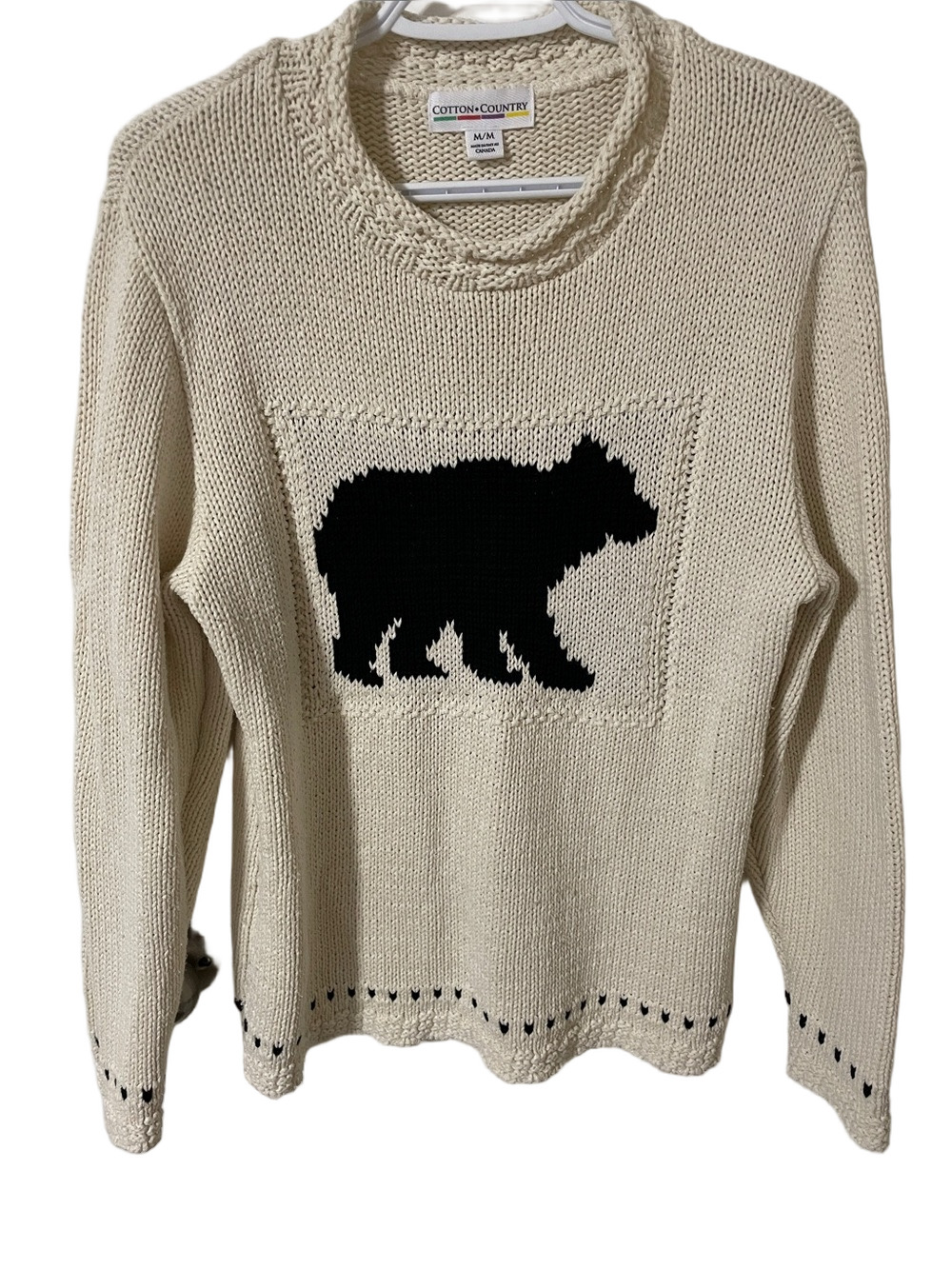 Country Cotton Cream Crewneck Sweater with Black Bear Motif Size Medium